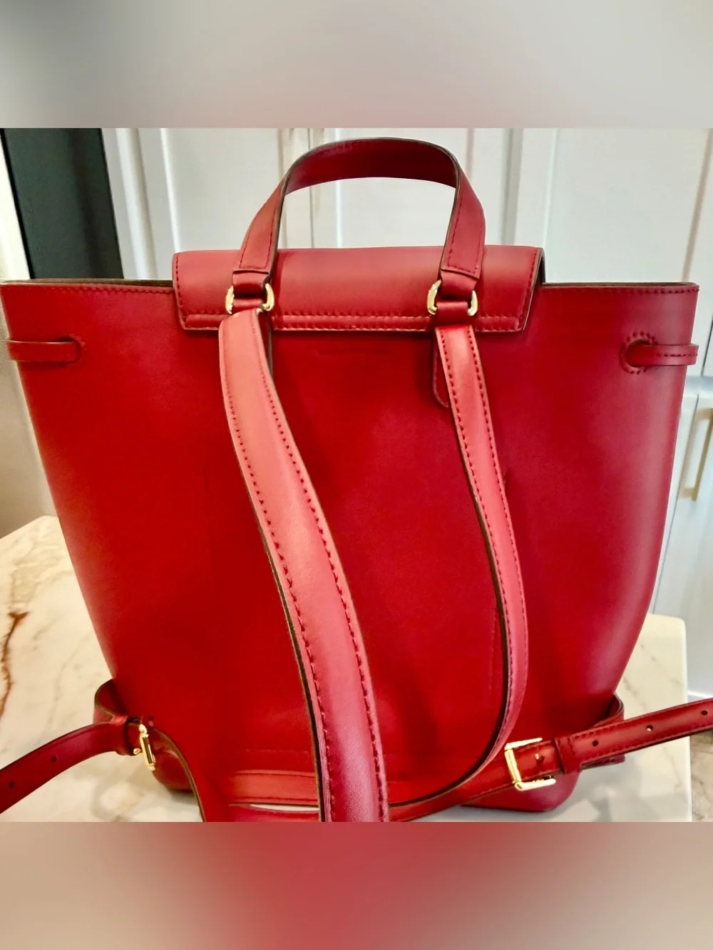Lauren Ralph Lauren Red Smooth Leather Drawstring Backpack/ purse